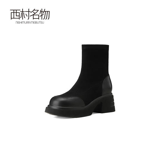 西村名物2024秋冬新款厚底*显瘦真皮时尚粗跟弹力袜短靴女T24DS46891 商品图0