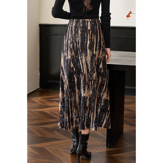 剩S/M/L/XL 米思阳2025冬季新款复古光泽感丝绒半身裙设计感印花a字裙女2068 商品图3