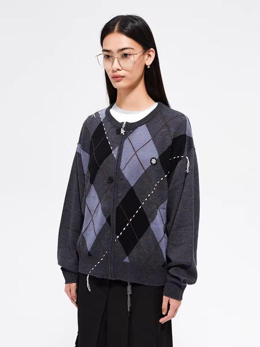 FMACM/ZZS2411/复古民族菱形格手工虚线街头针织开衫 商品图1