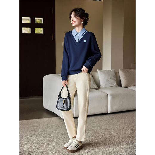 【专属特价】熙世界衬衫翻领假两件卫衣女加绒加厚秋冬学院风套头休闲宽松上衣 商品图4