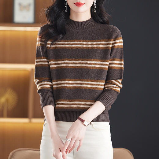 CC-13-6378秋冬半高领条纹女士套头毛衣女宽松减龄优雅气质打底针织衫 商品图2