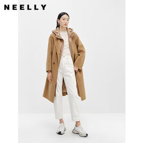 NEELLY纳俪商场同款驼色毛呢大衣中长款连帽羽绒马夹可脱卸两件套N24104N04602