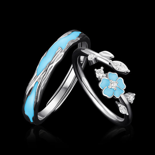 卡蒂罗/KADER 夜光效果 山茶花之恋原创情侣对戒 浪漫连理枝发光设计可调节银戒一对 钟爱久久恋爱频率手饰 925银 商品图5