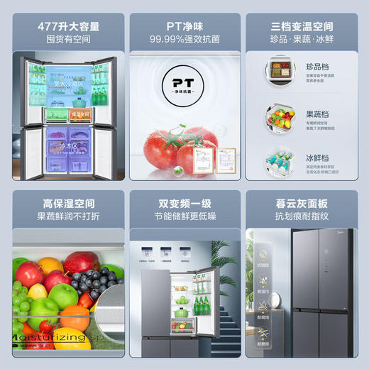 美的（Midea）477升 十字门冰箱 大容量 双变频一级 雷达感温 三档变温 PT净味 保湿空间  玻璃面板 BCD-477WSGPZM(E) 暮云灰【专】 商品图1