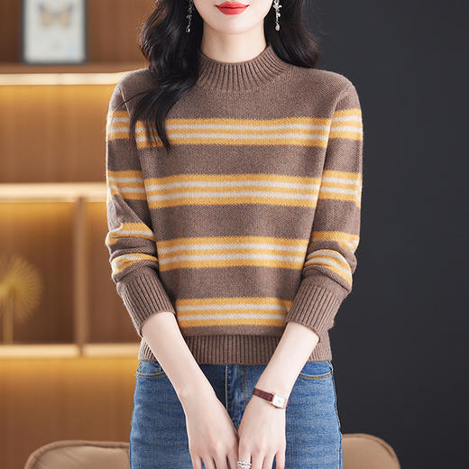 CC-13-6378秋冬半高领条纹女士套头毛衣女宽松减龄优雅气质打底针织衫 商品图1