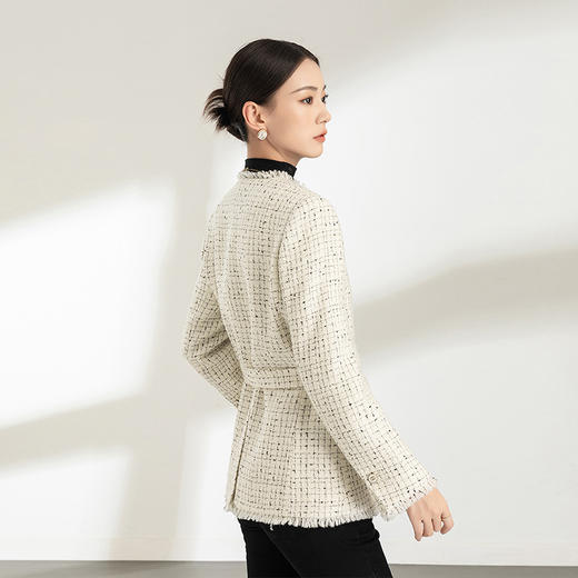 【高货xg】全新升级【铂金会员330/天猫449/差价119】(34044) 洛诗琳秋冬新款法式优雅格纹花呢V领花边小香风羊毛外套 商品图4