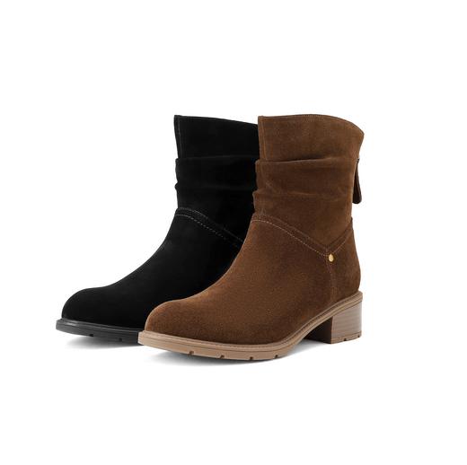 西村名物2024冬季新款真皮粗跟百搭牛皮褶皱软底时装靴女X24DS47661 商品图0