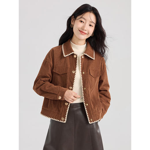 【年货节】熙世界美拉德复古灯芯绒短外套女秋冬加厚棉服夹克上衣2025年新款 商品图2