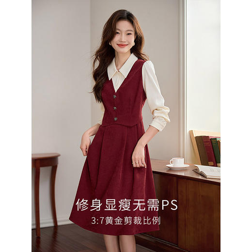 【专属特价】熙世界厅里厅气假两件红色连衣裙女长袖法式衬衫裙子2025秋冬新款 商品图2