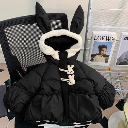 【全棉面料，轻柔舒适，兔子绒毛领设计，增添可爱气息~】新款女童羽绒棉服 冬装洋气儿童冬季夹棉外套 小女孩兔子棉袄-QQ 商品图3