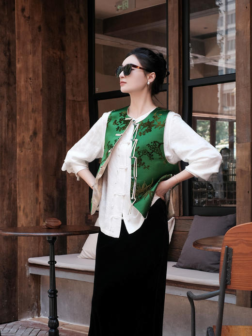 盛唐牡丹 |翠微绿底色梅兰竹菊漳缎马甲 商品图7