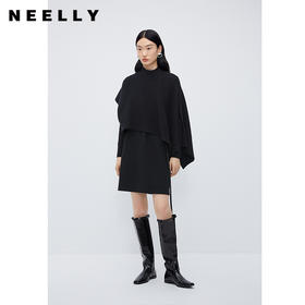 NEELLY纳俪商场同款斗篷针织套装裙黑色半高领端庄大气披肩连衣裙N24104Y04571