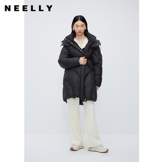 NEELLY纳俪商场同款中长款连帽羽绒服女设计感时尚蓬松白鸭绒外套N24104L04568 商品图0
