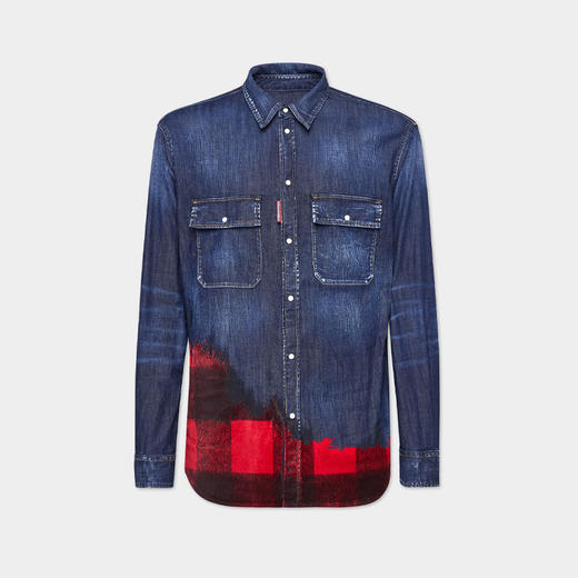 DSQUARED2 男士红黑格子印花牛仔长袖衬衫 蓝色 S74DM0850 S30341 470 商品图0