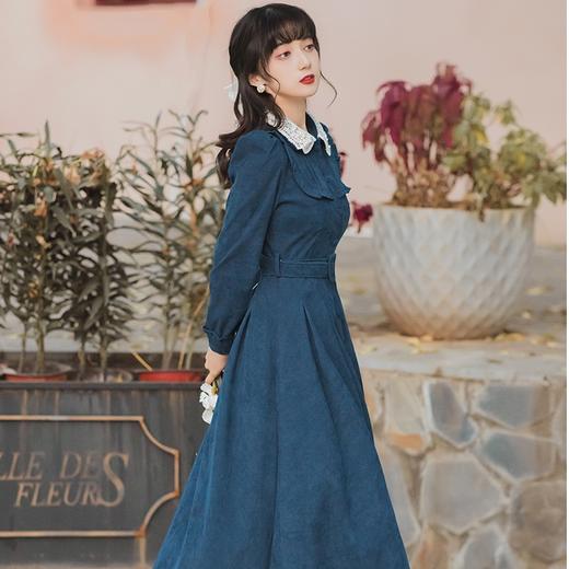 两个色 风华绝代复古女装娃娃领灯芯绒长袖连衣裙长裙民国裙 商品图2