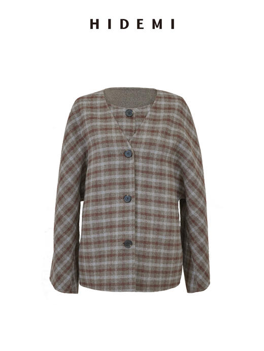 HIDEMI 进口澳洲羊毛双面呢色织格纹纽扣马甲两件套式极简廓形大衣外套 商品图8