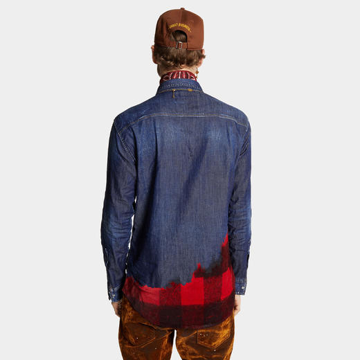 DSQUARED2 男士红黑格子印花牛仔长袖衬衫 蓝色 S74DM0850 S30341 470 商品图2