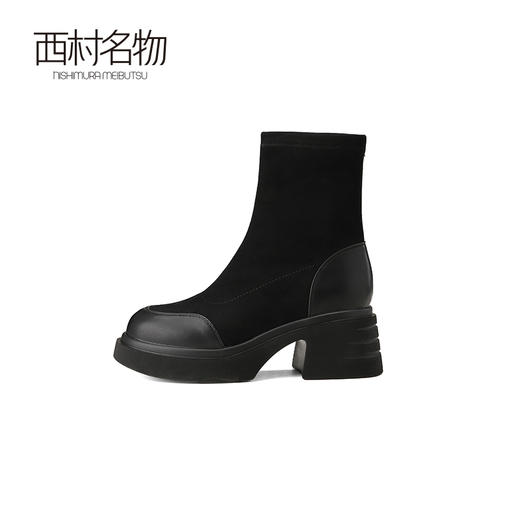西村名物2024秋冬新款厚底*显瘦真皮时尚粗跟弹力袜短靴女T24DS46891 商品图1