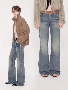 出逃赤岗西/24AWN71/复古蓝牛仔微喇低腰显瘦马蹄拖地长裤