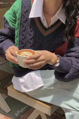 WHO KNOWS V领撞色针织上衣 17215