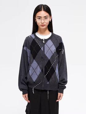 FMACM/ZZS2411/复古民族菱形格手工虚线街头针织开衫