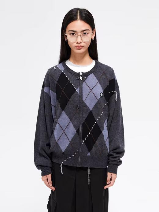 FMACM/ZZS2411/复古民族菱形格手工虚线街头针织开衫 商品图0