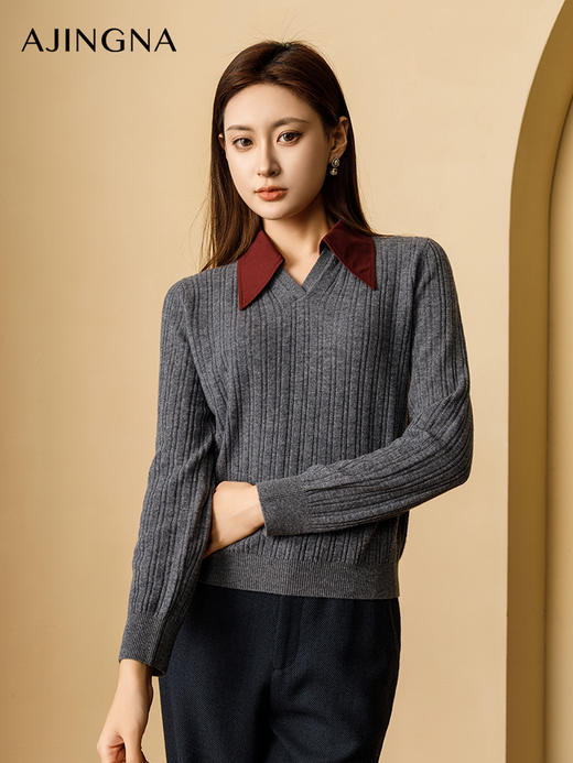 【商场同款】阿菁娜2024冬季新款格雷系轻商务衬衫领毛衫A29D301033 商品图1