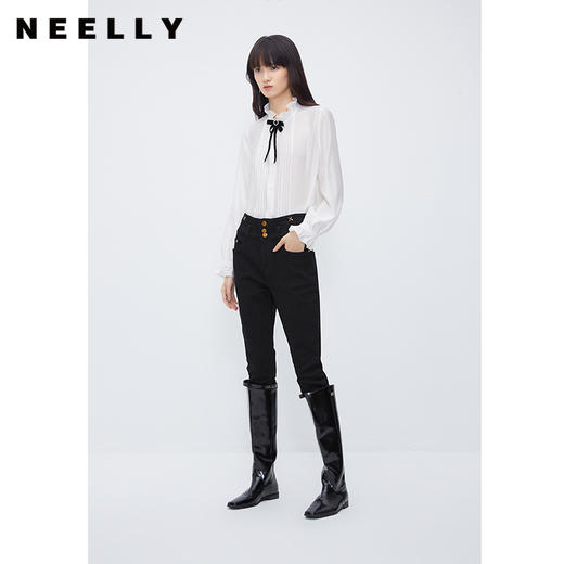 NEELLY纳俪商场同款黑色打底裤外穿秋冬加绒紧身弹力铅笔裤牛仔裤N24104H04574 商品图0