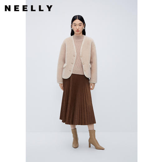 NEELLY纳俪商场同款冬季百褶裙女美拉德棕色高腰中长款a字裙伞裙N24104E04608 商品图0