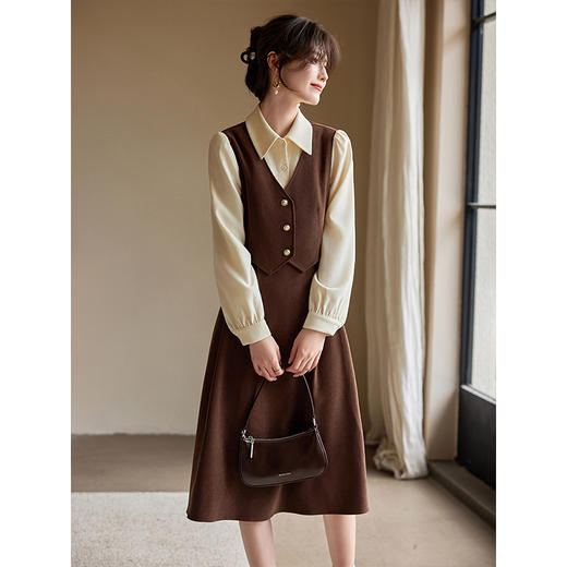 【专属特价】熙世界假两件正式场合连衣裙女秋冬季通勤复古长袖拼接衬衫领裙子 商品图2