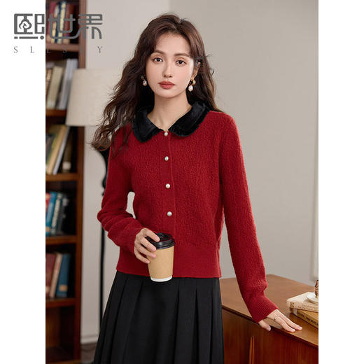 【年货节】熙世界安可拉红小香风针织外套女短款撞色翻领毛衣2025年秋冬新款 商品图0