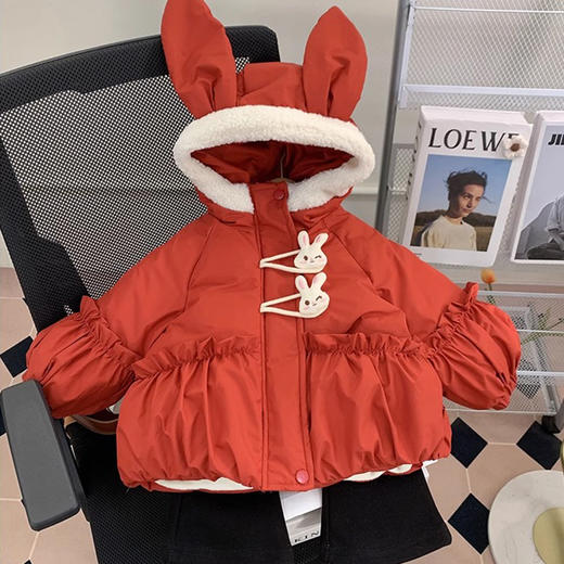 【全棉面料，轻柔舒适，兔子绒毛领设计，增添可爱气息~】新款女童羽绒棉服 冬装洋气儿童冬季夹棉外套 小女孩兔子棉袄-QQ 商品图4