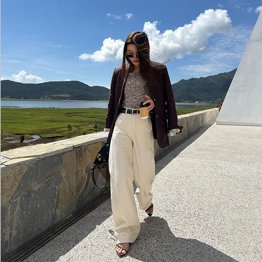 【顺丰包邮】04916 洛诗琳设计感浅杏设计感毛须边白色牛仔裤122 商品图1