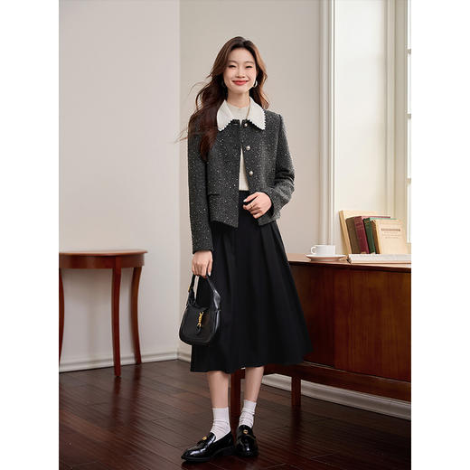 【年货节】熙世界老钱小香风短款外套女秋冬撞色翻领含羊毛夹棉名媛气质上衣 商品图4