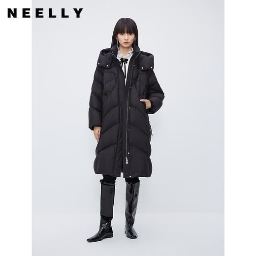 NEELLY纳俪商场同款茧型加厚羽绒服女冬季韩版连帽中长款过膝外套N24104L04576 商品图0