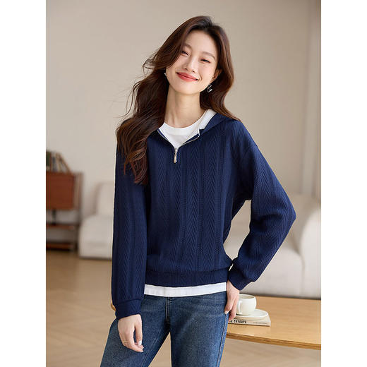 【年货节】熙世界半拉链连帽卫衣女加绒秋冬2025新款提花宽松慵懒风套头上衣 商品图2