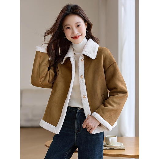 【年货节】熙世界复古麂皮绒仿生皮草外套女短款皮毛一体夹克上衣2025冬新款 商品图2