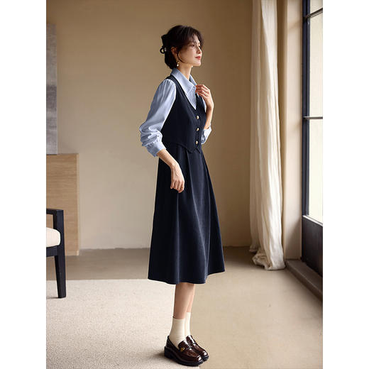 【专属特价】熙世界假两件正式场合连衣裙女秋冬季通勤复古长袖拼接衬衫领裙子 商品图4