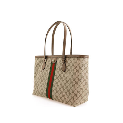 GUCCI古驰 Ophidia 老花Logo条纹织带通勤百搭 帆布拼皮 大容量托特包单肩手提包 中号 男女同款情侣款 （CB） 商品图1