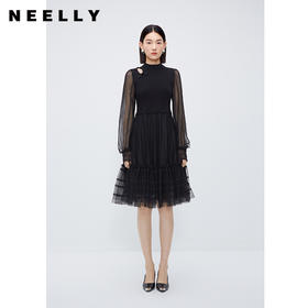 NEELLY纳俪商场同款新中式盘扣连衣裙女黑色中长款针织网纱拼接裙N24104Y04560