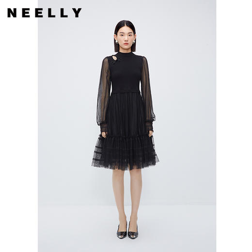 NEELLY纳俪商场同款新中式盘扣连衣裙女黑色中长款针织网纱拼接裙N24104Y04560 商品图0