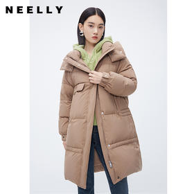 NEELLY纳俪商场同款纯色中长款白鸭绒羽绒服女冬季加厚连帽面包服N24114L04627