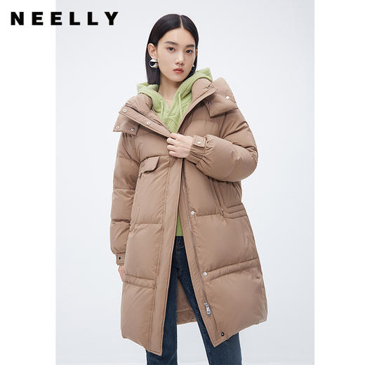 NEELLY纳俪商场同款纯色中长款白鸭绒羽绒服女冬季加厚连帽面包服N24114L04627 商品图0