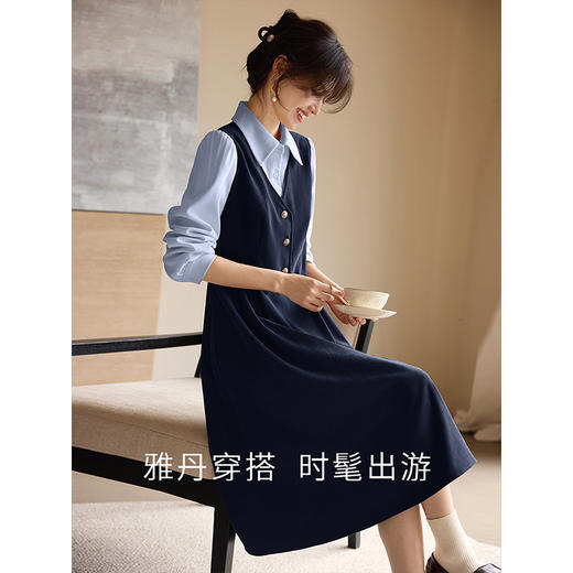 【专属特价】熙世界假两件正式场合连衣裙女秋冬季通勤复古长袖拼接衬衫领裙子 商品图1