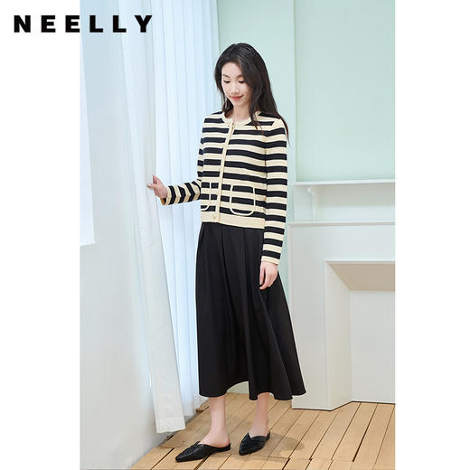 NEELLY纳俪金扣撞色条纹针织开衫女圆领时尚韩版长袖百搭通勤毛衣N24104A04551 商品图0