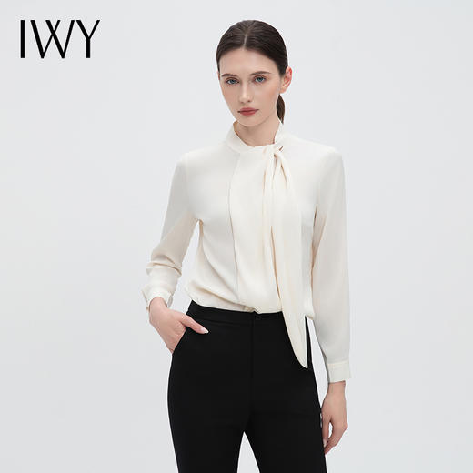 IWY/高级感长袖衬衫女春秋新款设计感小众飘带显瘦杏色上衣B14338 商品图1