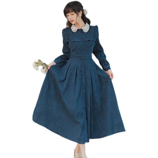 两个色 风华绝代复古女装娃娃领灯芯绒长袖连衣裙长裙民国裙 商品图4