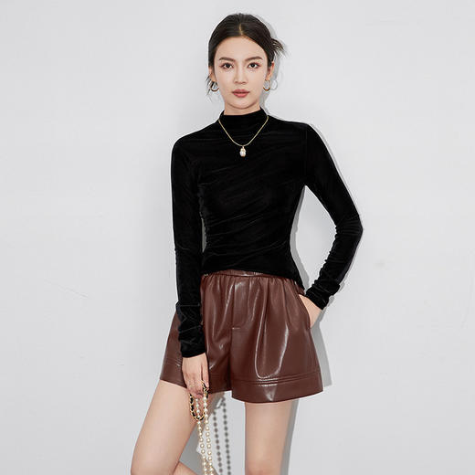 【高货wl】全新升级【铂金会员174/天猫229/差价55】(21421) 洛诗琳微透朦胧美丝绒打底衫时髦百搭上衣T恤高领捏褶长袖 商品图3