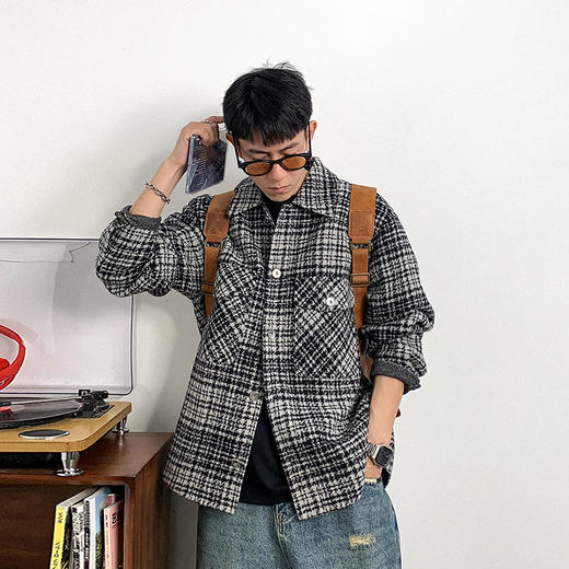 徐太浪复古拼色黑白格子长袖衬衫男秋季潮牌高级感宽松单排扣衬衣 商品图2