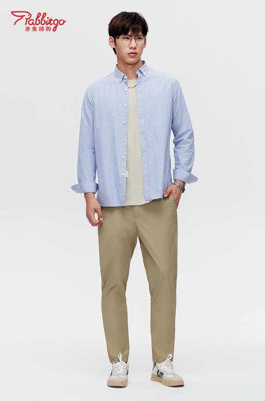 赤兔嗨购全棉牛津纺长袖衬衫2024秋季新款休闲条纹百搭上衣商务免烫衬衣通勤风 商品图2